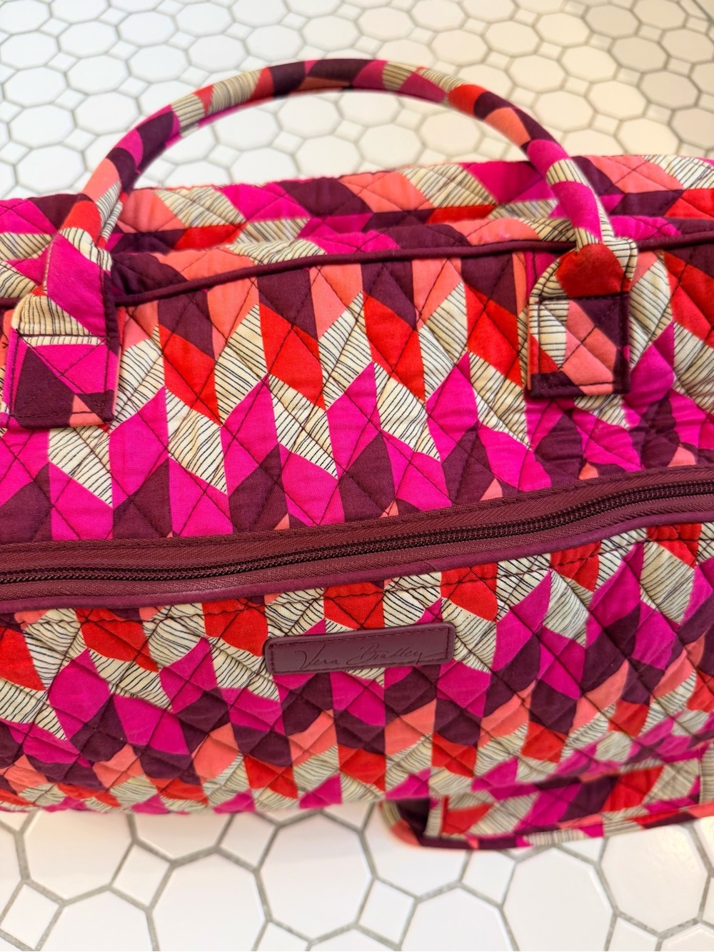 Vera Bradley Pink, Red & Cream Quilted Weekender (Bohemian Chevron) - Picture 6 of 9